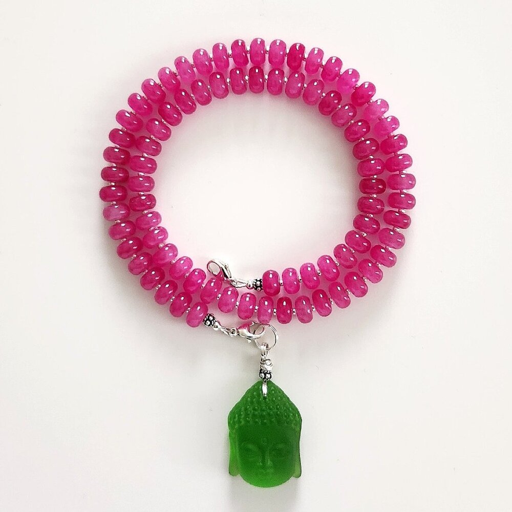FUCHSIA COLORED JADE NECKLACE  W BUDDHA PENDANT.